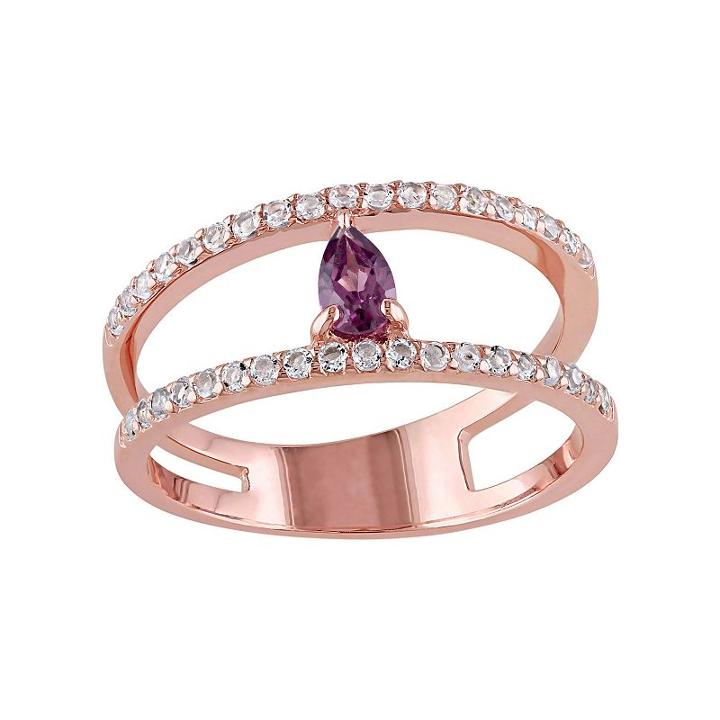 Rhodolite & White Topaz Sterling Silver Double Row Ring, Women's, Size: 6, Pink