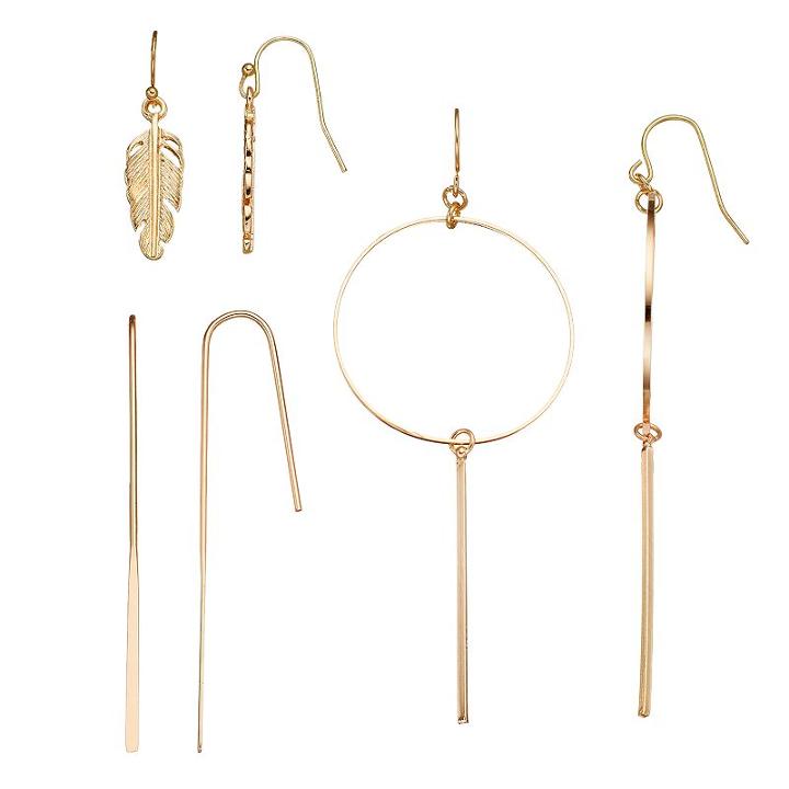 Feather, Stick & Hoop Drop Earring Set, Women's, Gold