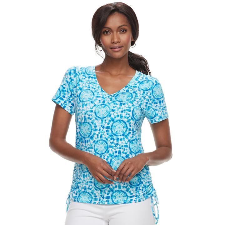 Women's Caribbean Joe Print Ruched Tee, Size: Small, Turquoise/blue (turq/aqua)
