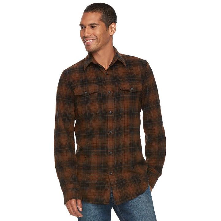 Men's Sonoma Goods For Life&trade; Slim-fit Plaid Flannel Button-down Shirt, Size: Medium, Med Brown
