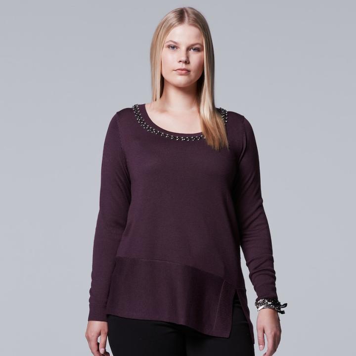 Plus Size Simply Vera Vera Wang Embellished Neckline Sweater, Women's, Size: 3xl, Purple