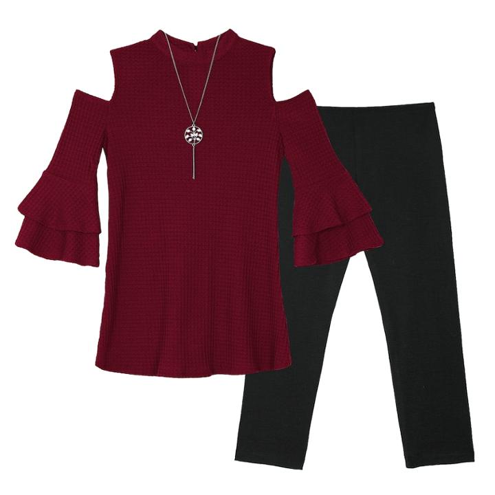 Girls 7-16 Iz Amy Byer Thermal Cold-shoulder Bell Sleeve Tunic & Leggings Set With Necklace, Size: Medium, Dark Red