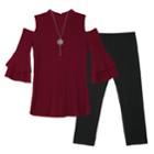 Girls 7-16 Iz Amy Byer Thermal Cold-shoulder Bell Sleeve Tunic & Leggings Set With Necklace, Size: Medium, Dark Red