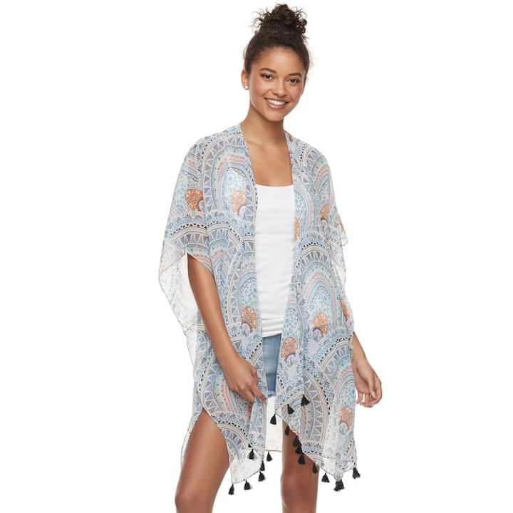 Women's Mudd&reg; Medallion Print Tasseled Kimono, Dark Blue