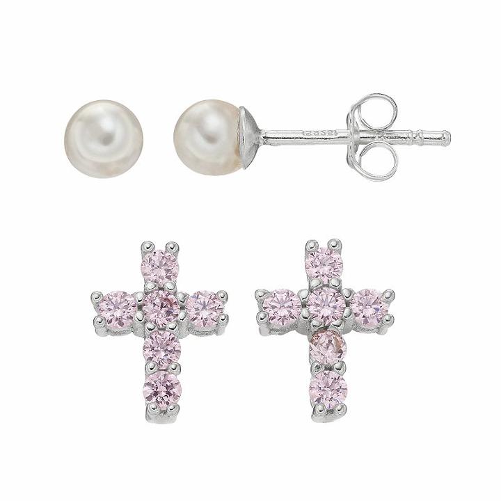 Charming Girl Kids' Cubic Zirconia Cross & Freshwater Cultured Pearl Stud Earring Set, Pink