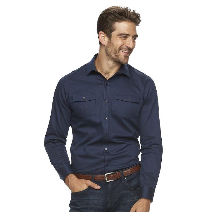 Men's Marc Anthony Slim-fit Military Stretch Button-down Shirt, Size: Medium, Dark Blue