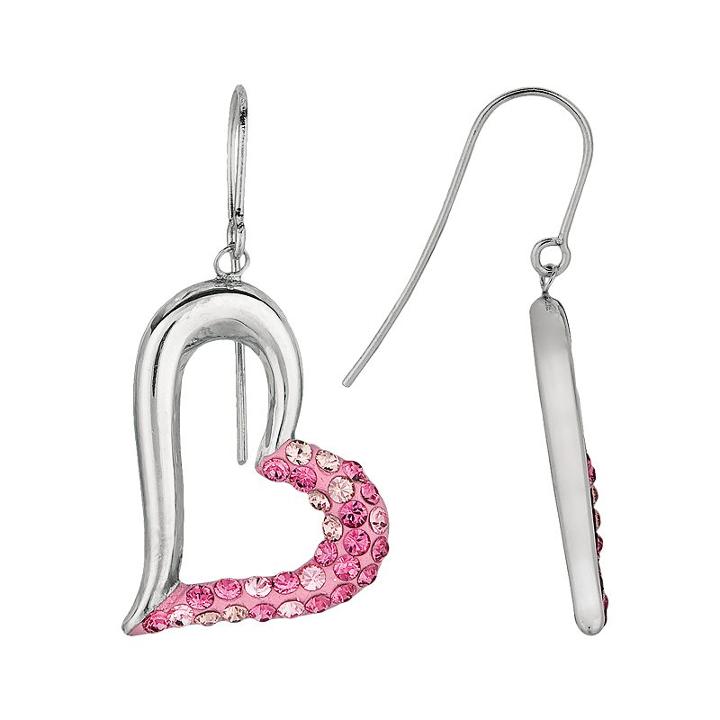 Silver On The Rocks Sterling Silver Crystal Heart Drop Earrings - Made With Swarovski Crystals, Women's, Pink