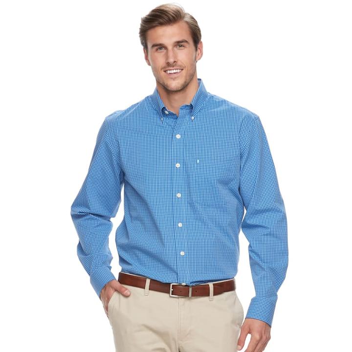 Big & Tall Izod Regular-fit Gingham-checked Stretch Button-down Shirt, Men's, Size: 3xl Tall, Blue