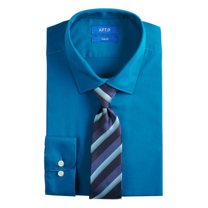 Men's Apt. 9&reg; Slim-fit Dress Shirt & Tie Set, Size: L-36/37, Dark Green