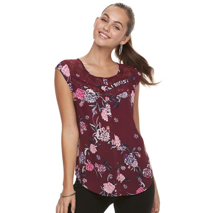 Juniors' Candie's&reg; Print Lace Inset Top, Teens, Size: Small, Red