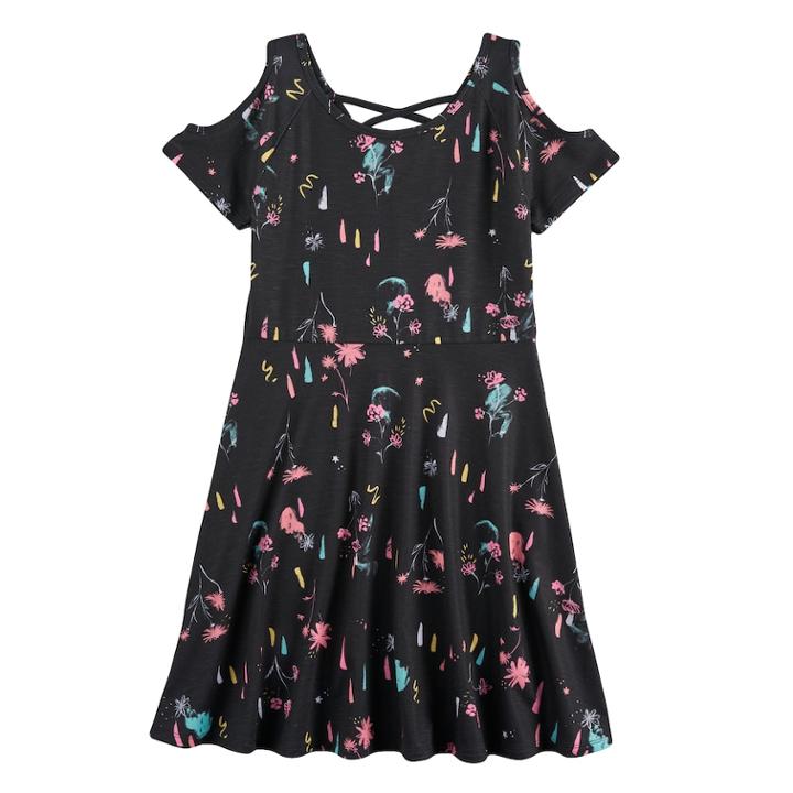 Girls 7-16 So&reg; Patterned Cold Shoulder Criss-cross Dress, Size: L/12, White