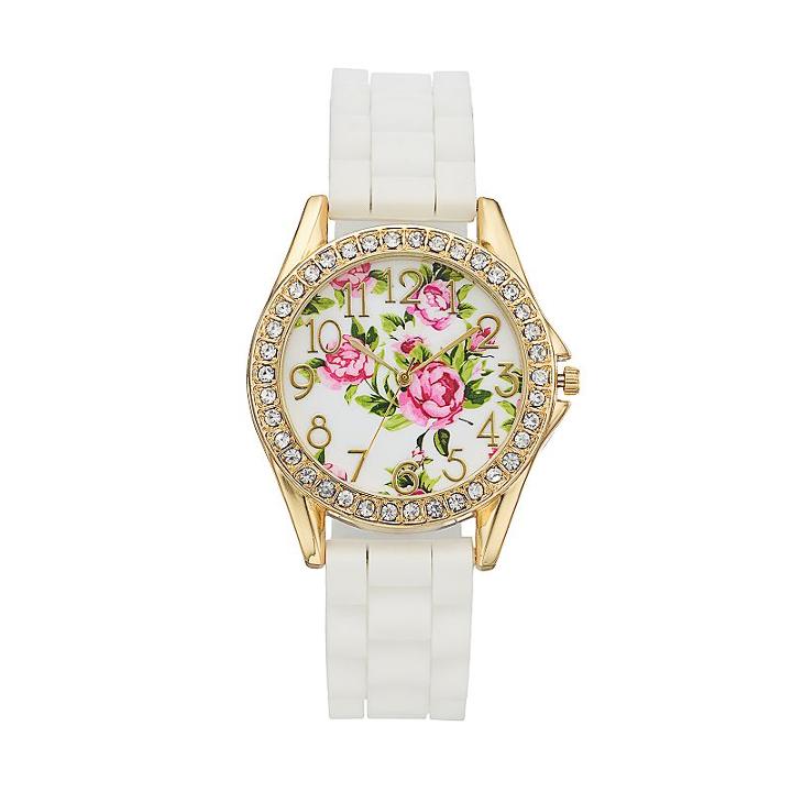 Women's Crystal Floral Watch, Size: Large, White