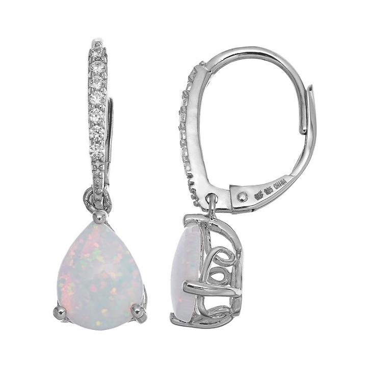 Sparkle Gem Sterling Silver Simulated Opal & Cubic Zirconia Teardrop Earrings, Women's, White