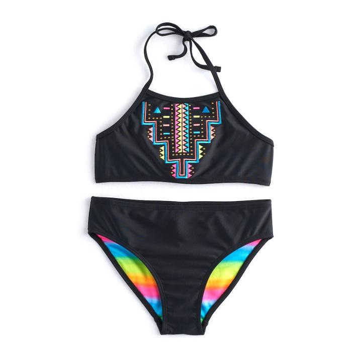 Girls 7-16 So&reg; Reversible Tribal Rainbow Bikini Top & Bottoms Swimsuit Set, Size: 12, Black