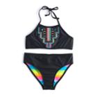 Girls 7-16 So&reg; Reversible Tribal Rainbow Bikini Top & Bottoms Swimsuit Set, Size: 12, Black