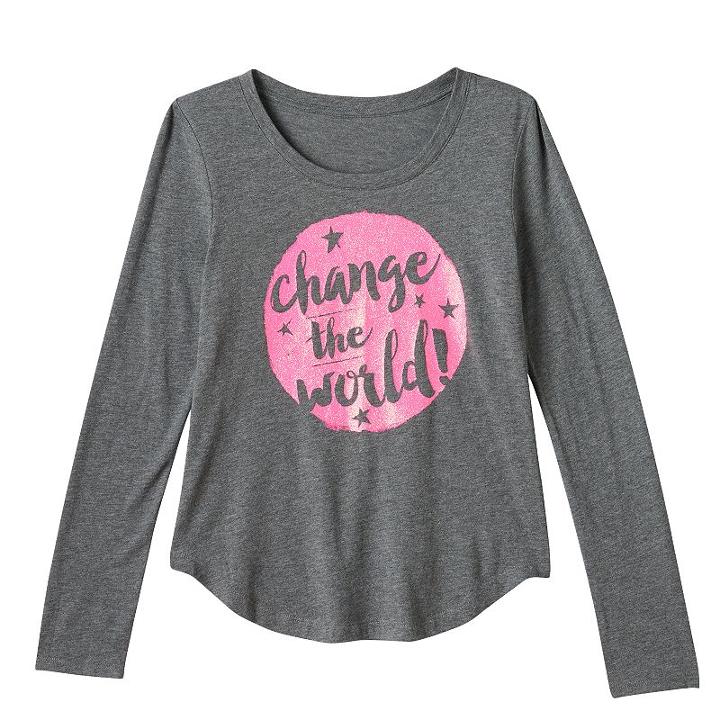 Girls 7-16 & Plus Size So&reg; Long Sleeve Curved Hem Glitter Graphic Tee, Girl's, Size: 10, Dark Grey