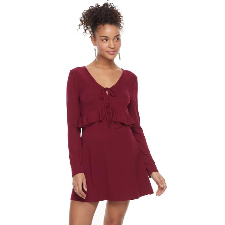 Juniors' About A Girl Ruffle Tie-front Dress, Size: Xs, Dark Red