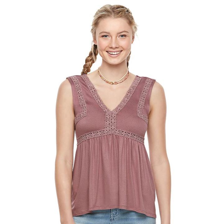 Juniors' Mudd&reg; Crochet-trim Empire Tank, Girl's, Size: Medium, Beig/green (beig/khaki)