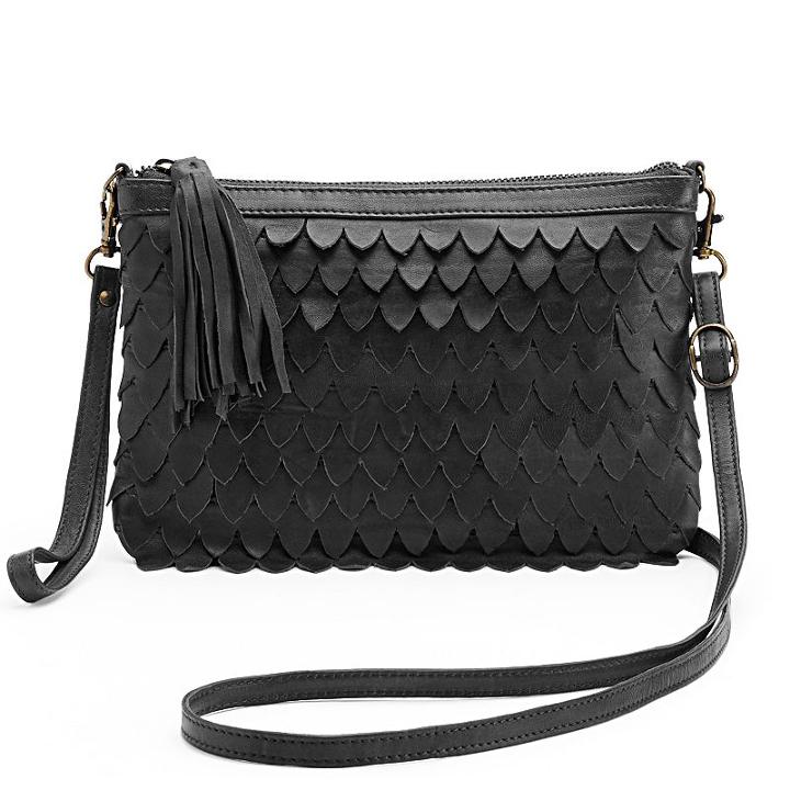 R & R Leather Scalloped Crossbody Bag, Women's, Black