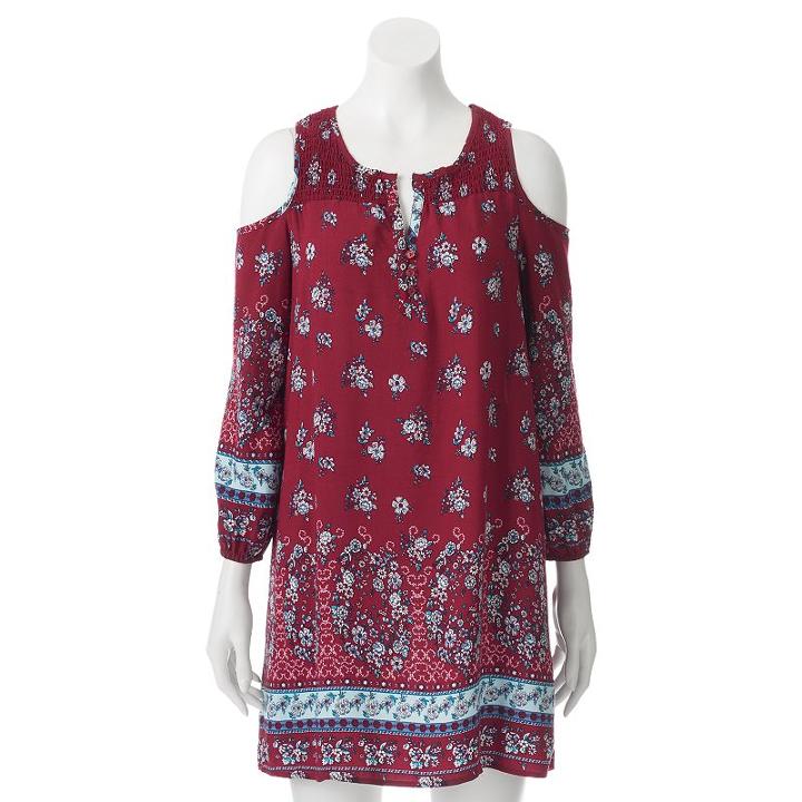 Juniors' Almost Famous Floral Cold-shoulder Peasant Dress, Girl's, Size: Medium, Med Red