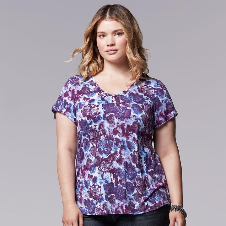 Plus Size Simply Vera Vera Wang Printed Rounded-hem Tee, Women's, Size: 0x, Blue