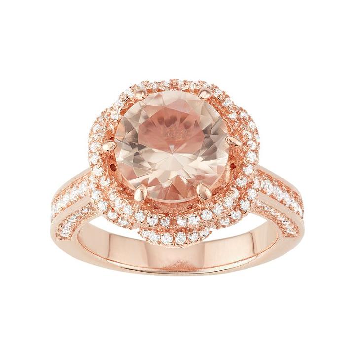 14k Rose Gold Over Silver Simulated Morganite & Cubic Zirconia Halo Ring, Women's, Size: 8, Pink