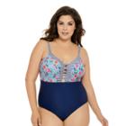 Juniors' Plus Size Costa Del Sol Floral Cutout One-piece Swimsuit, Size: 1xl, Dark Blue