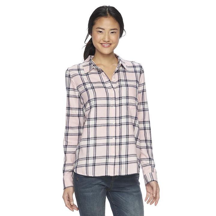 Juniors' So&reg; Flannel Plaid Button-down Shirt, Girl's, Size: Small, Brt Pink