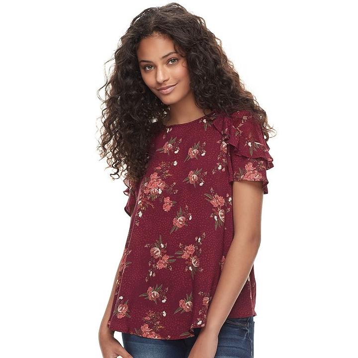 Juniors' Rewind Lace Inset Ruffle Sleeve Top, Teens, Size: Xl, Dark Red