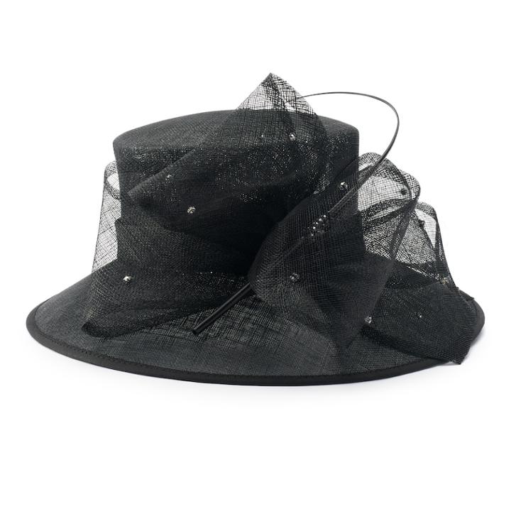 Women's Scala Rhinestone Big Brim Hat With Bow & Quill Accent, Black