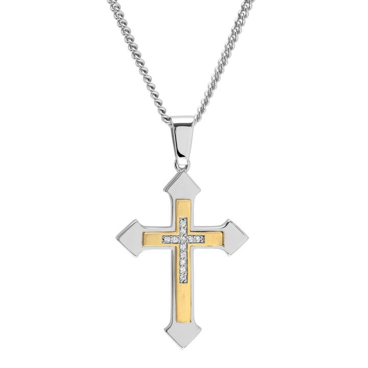 Men's 14k Gold Over Silver 1/10 Carat T.w. Diamond Cross Pendant Necklace, Size: 24, White