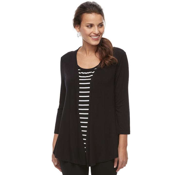 Petite Croft & Barrow&reg; Printed Mock-layer Cardigan, Women's, Size: L Petite, Black