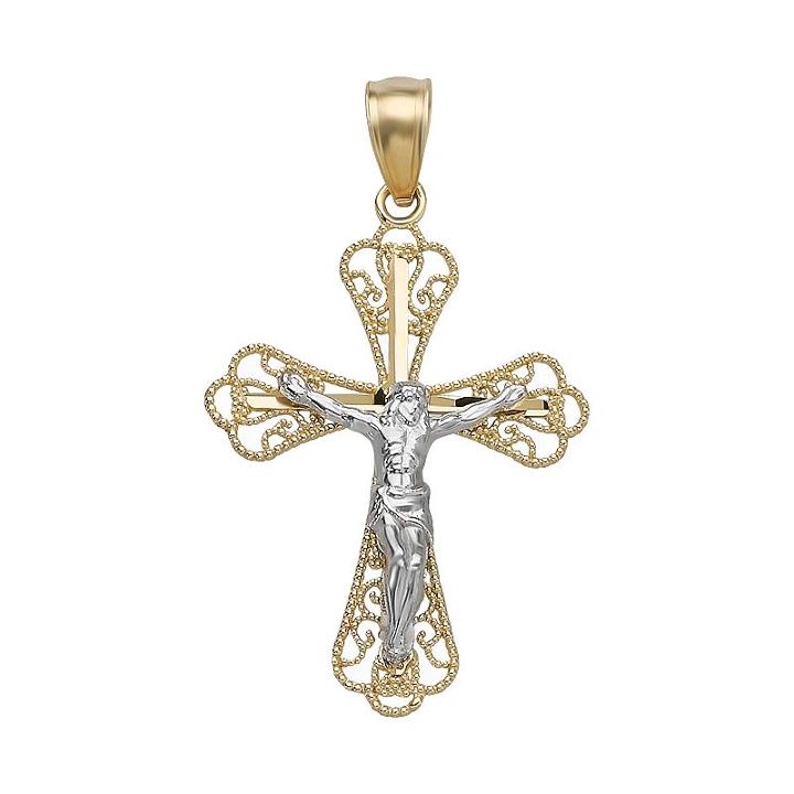 Everlasting Gold 10k Gold Two Tone Filigree Crucifix Pendant, Women's, Yellow