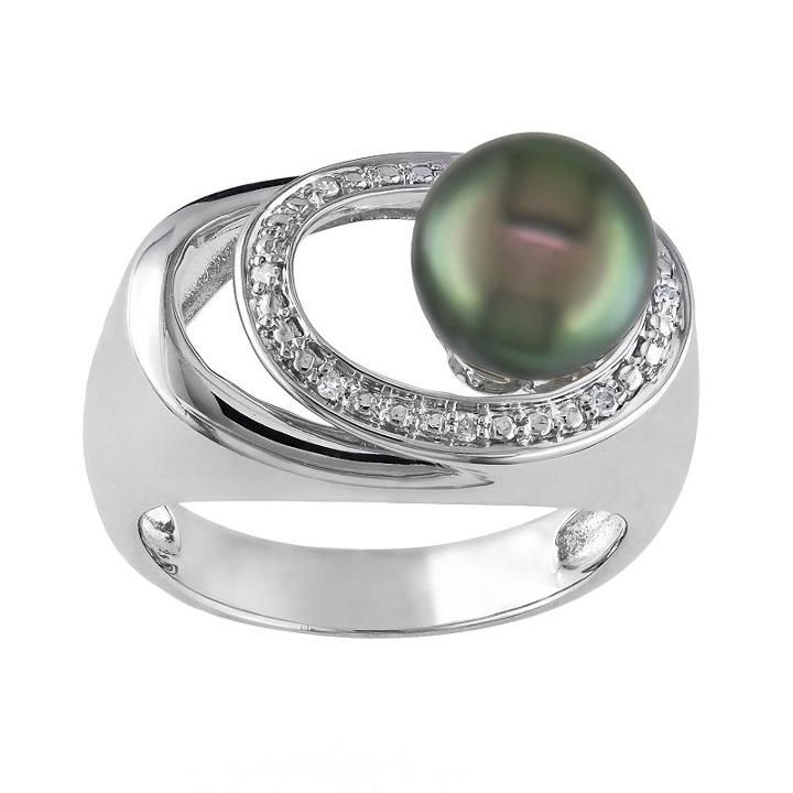Sterling Silver Tahitian Cultured Pearl And Diamond Accent Openwork Ring, Women's, Size: 8, Black