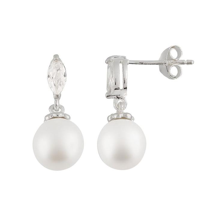 Sterling Silver Simulated Pearl And Cubic Zirconia Drop Earrings, Women's, White