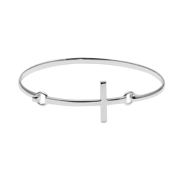 Silver-plated Sideways Cross Bangle Bracelet, Women's, Size: 7, Silver