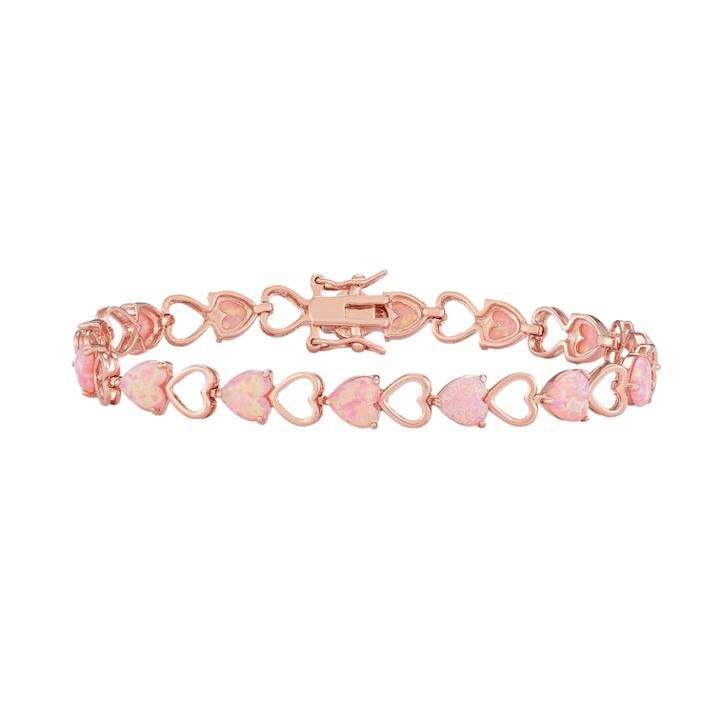 14k Rose Gold Over Silver Lab-created Pink Opal Heart Bracelet, Women's, Size: 7.25