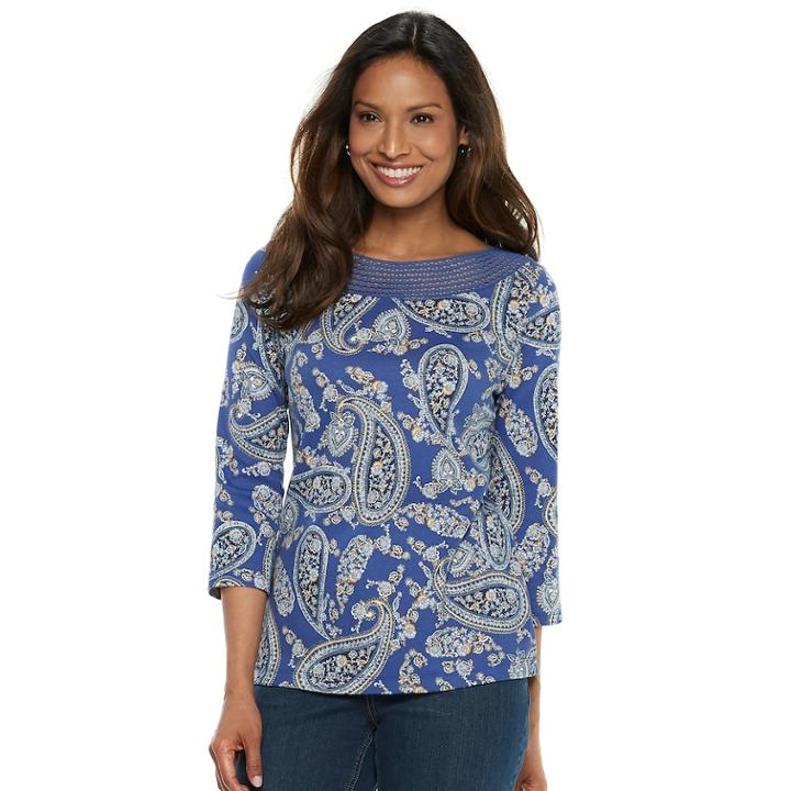 Women's Croft & Barrow&reg; Crochet Trim Boatneck Top, Size: Large, Dark Blue