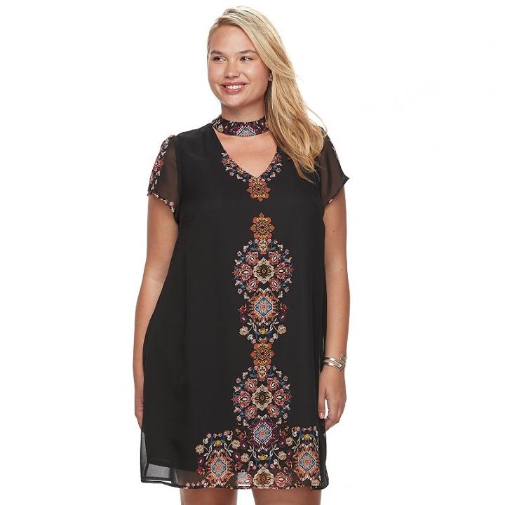 Juniors' Plus Size Wrapper Medallion Choker Neck Shift Dress, Teens, Size: 3xl, Black Rust