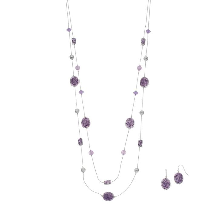 Purple Beaded Double Strand Necklace & Nickel Free Drop Earring Set, Women's