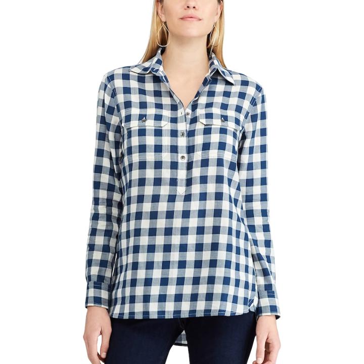 Women's Chaps Plaid Twill Shirt, Size: Large, Blue