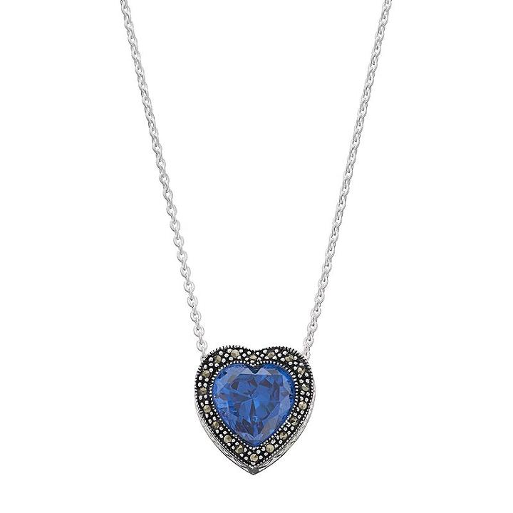 Silver Luxuries Cubic Zirconia & Marcasite Heart Halo Pendant Necklace, Women's, Blue