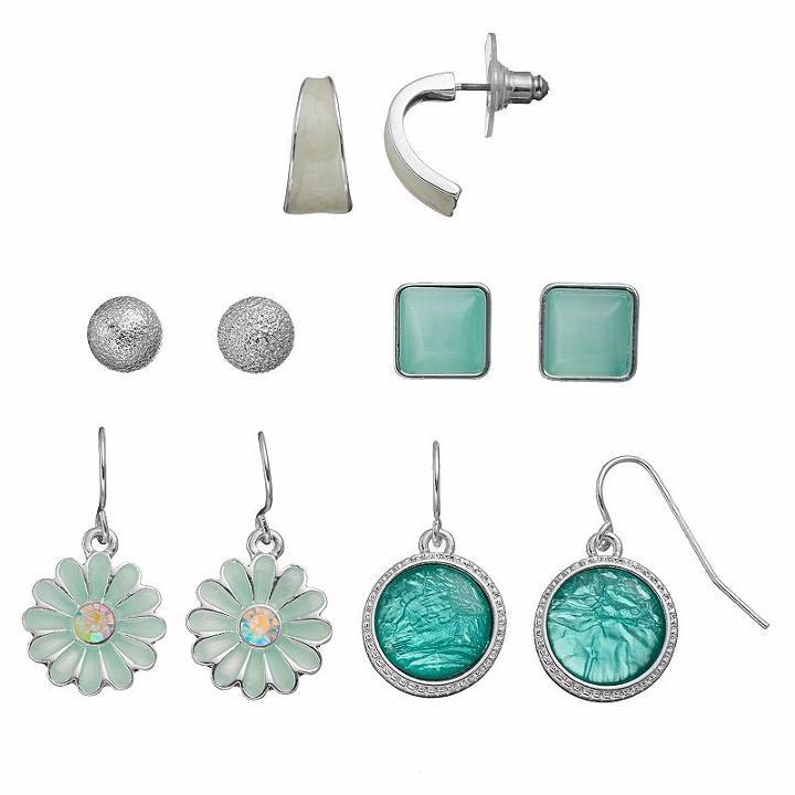 Aqua Flower, Circle & Square Earring Set, Women's, Turq/aqua
