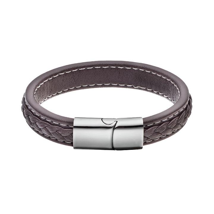 Focus For Men Stainless Steel & Brown Faux Leather Braided Bracelet