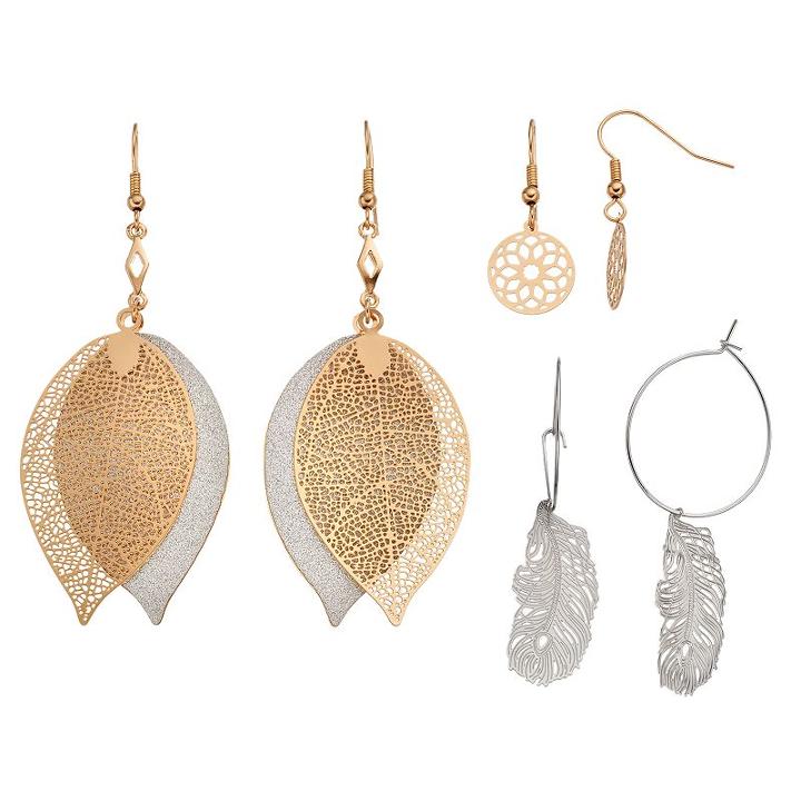 Mudd&reg; Two-tone Openwork Disc, Feather & Leaf Drop Earring Set, Girl's, Multicolor