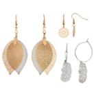 Mudd&reg; Two-tone Openwork Disc, Feather & Leaf Drop Earring Set, Girl's, Multicolor