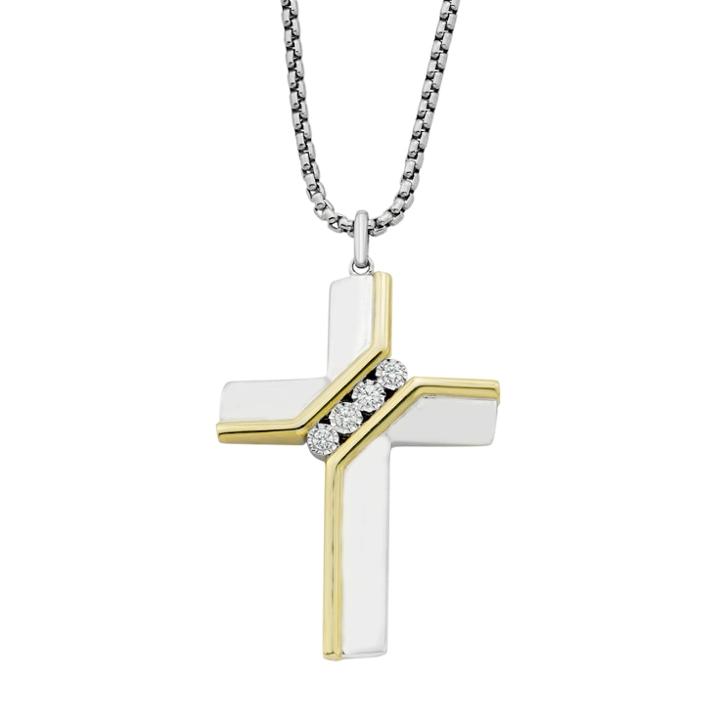 Two Tone Sterling Silver 1/10 Carat T.w. Diamond 4-stone Cross Pendant, Women's, White