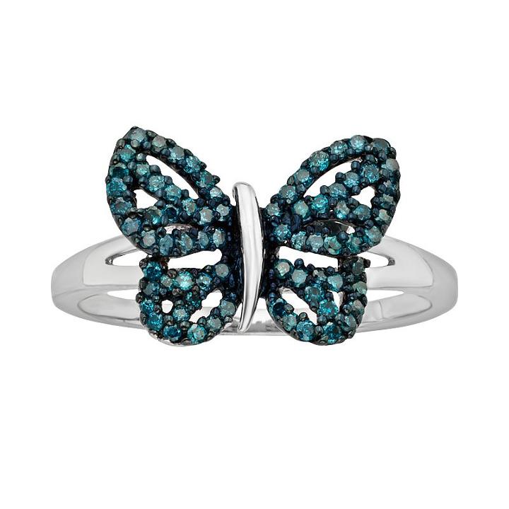 Sterling Silver Two-tone 1/4-ct. T.w. Blue Diamond Butterfly Ring, Women's, Size: 7