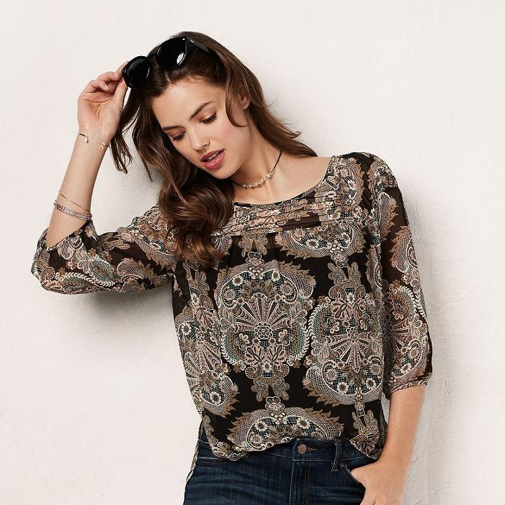 Women's Lc Lauren Conrad Printed Chiffon Peasant Top, Size: Small, Dark Green