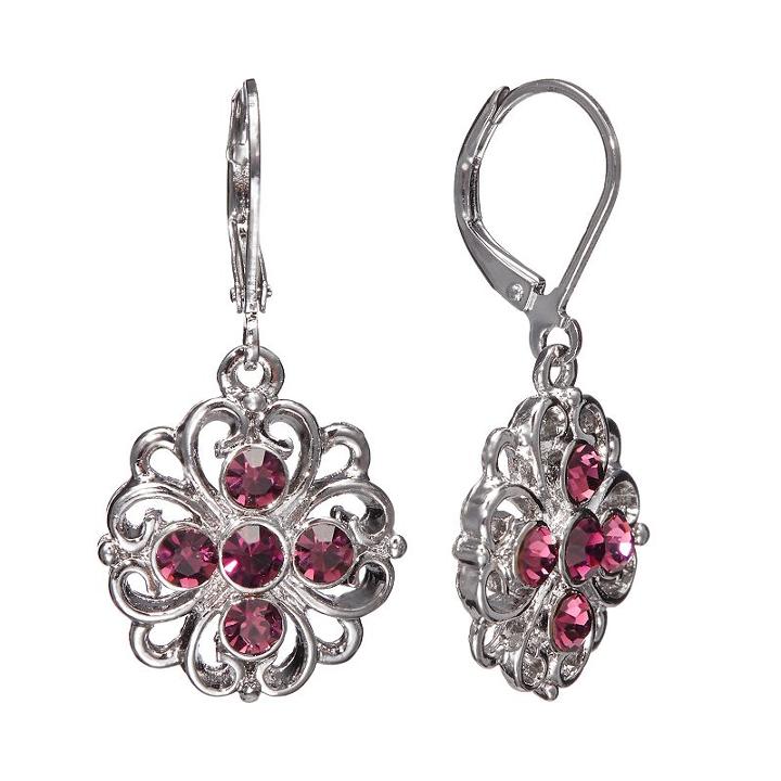 1928 Simulated Crystal Flower Drop Earrings, Women's, Purple